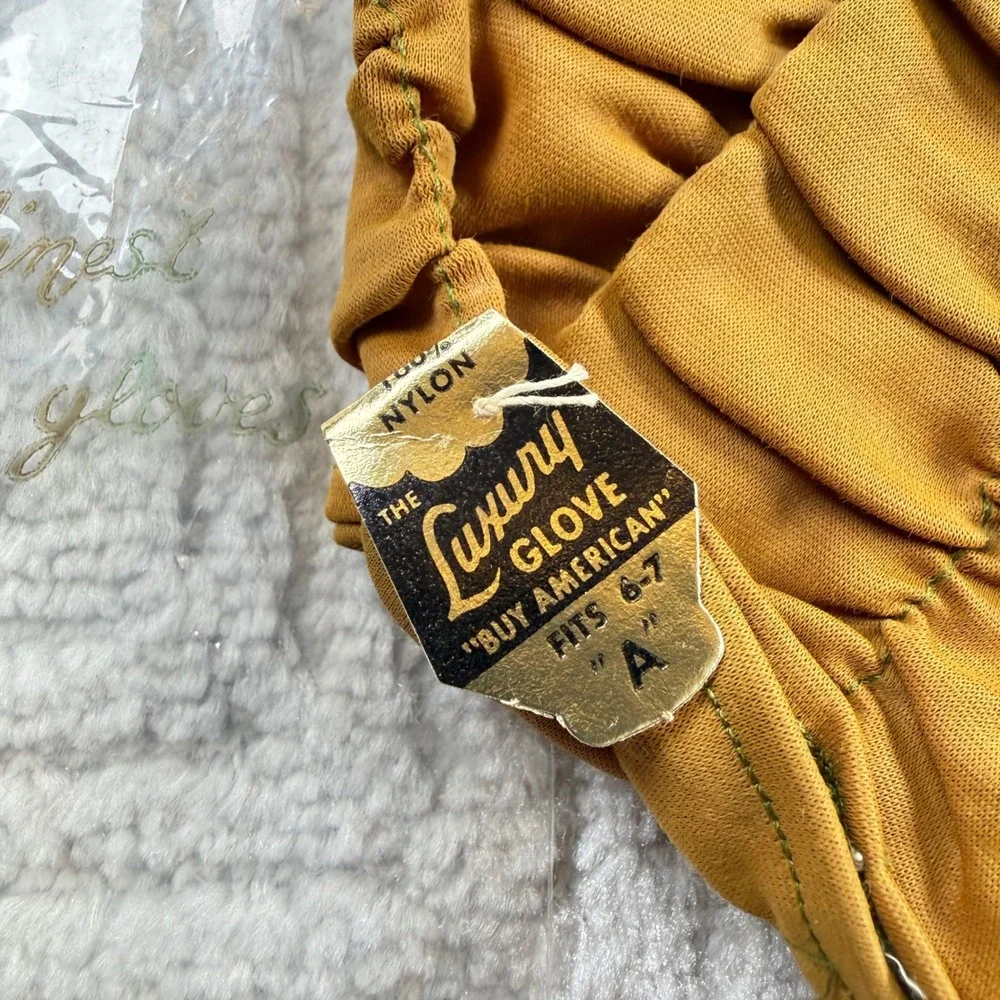 The Luxury Glove Vintage Nylon Dress Gloves Womens 6-7 Mustard Yellow Ruched 60s